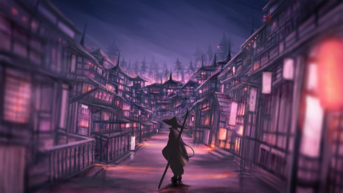 Samurai walking through a Japanese village at night