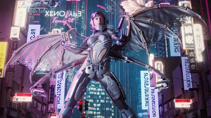 Cyberpunk woman with wings in neon city