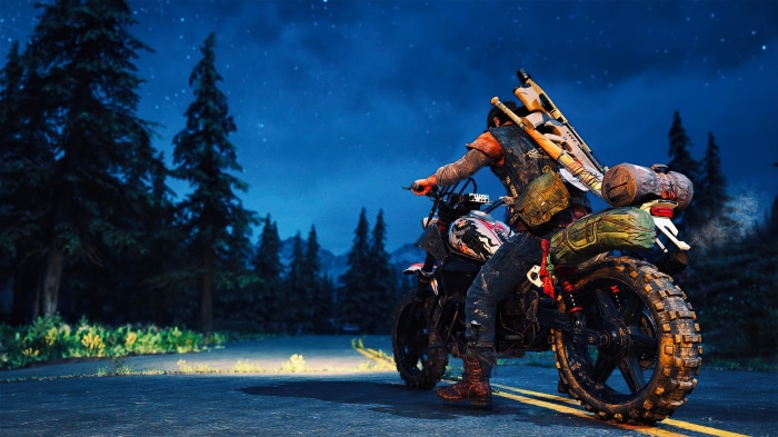 Deacon St. John from Days Gone on a motorcycle at night