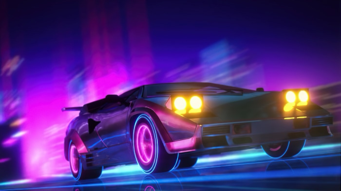Retrowave synthwave artwork of a futuristic car