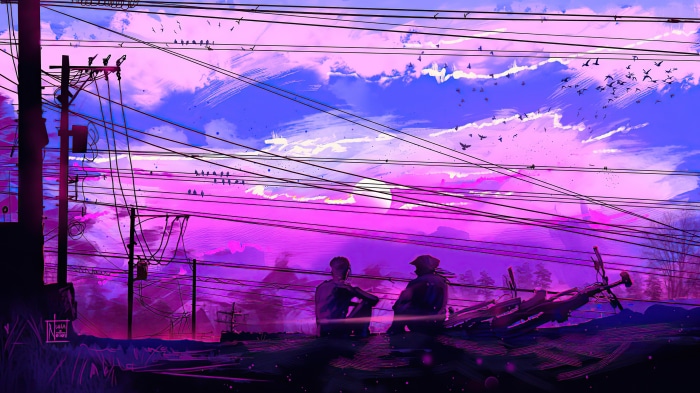 Two figures silhouetted against a vibrant sunset with power lines