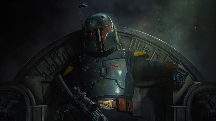 Boba Fett from Star Wars on a throne