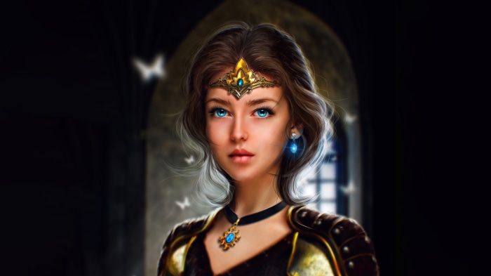 Fantasy warrior princess with blue eyes and tiara