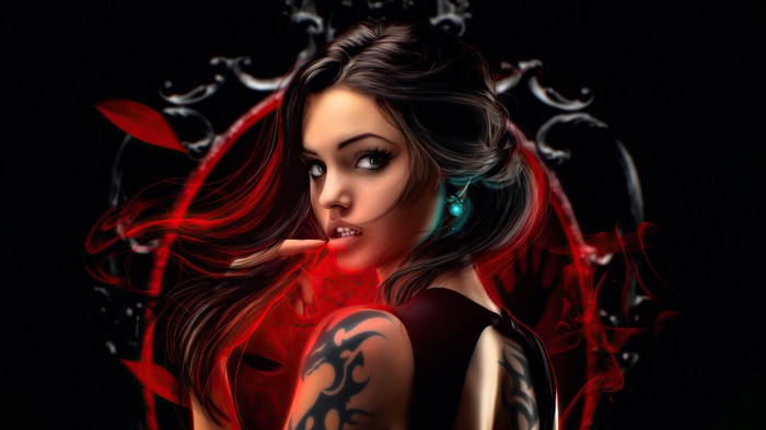 Digital art of a woman with tattoos and red smoke