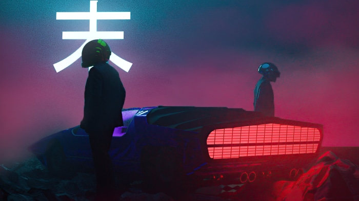 Daft Punk in Sci-Fi Setting with Futuristic Car