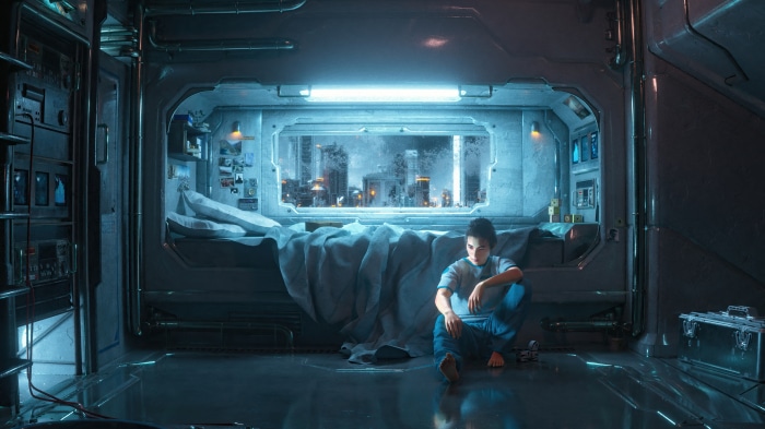 Artwork of a young person in a futuristic room