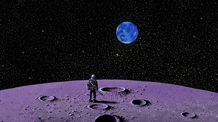 Astronaut with guitar on moon looking at blue planet