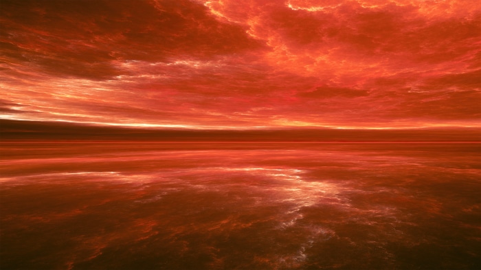 Digital art of a fiery sky over water