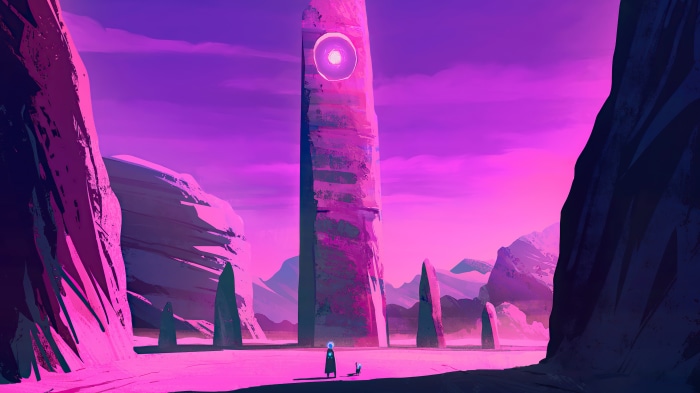 Digital artwork of a tall monolith in a purple landscape