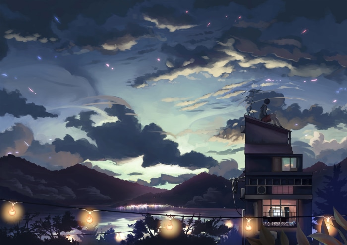 Anime artwork of a girl on a rooftop at dusk
