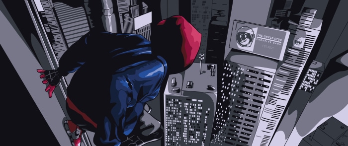 Spider-Man from Spider-Verse on a City Rooftop