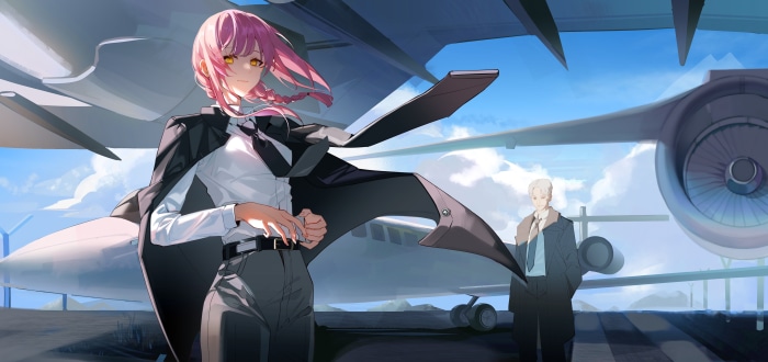 Makima from Chainsaw Man and man by airplane