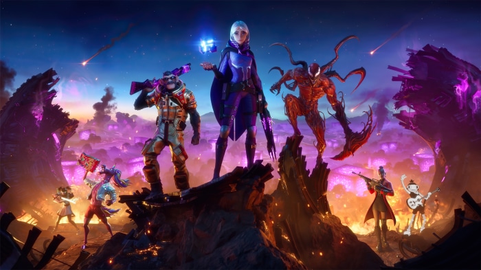 Fortnite characters Carnage, The Foundation, and others on a destroyed planet