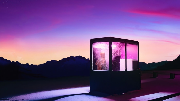 Person in a glowing booth against a mountain sunset