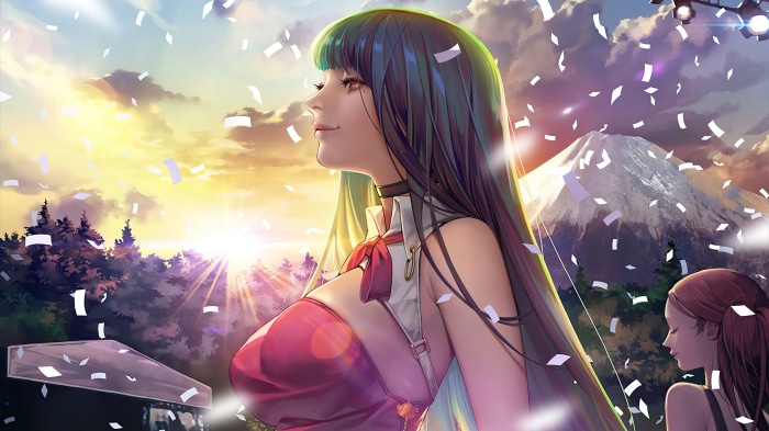 Anime girls with confetti and Mount Fuji