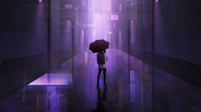 Person with umbrella in rainy purple city street