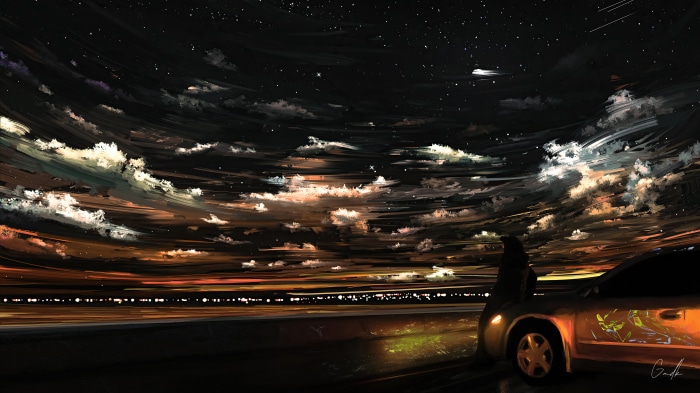 Digital art of a person by a car at night