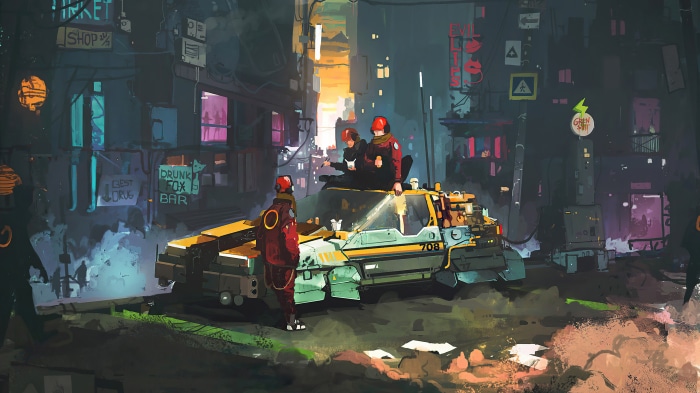 Cyberpunk street scene with people and a futuristic vehicle