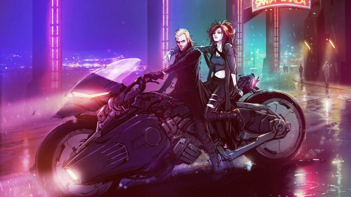 Sci-fi artwork of a couple on a motorcycle