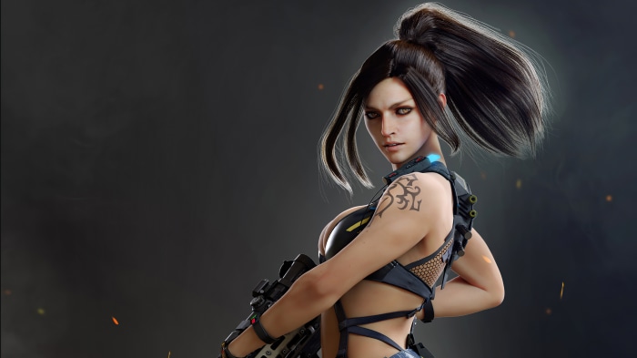 Woman with tattoo and gun