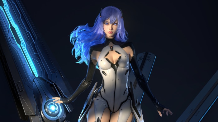 Sci-Fi Digital Art of a Woman with Blue Hair and Futuristic Armor