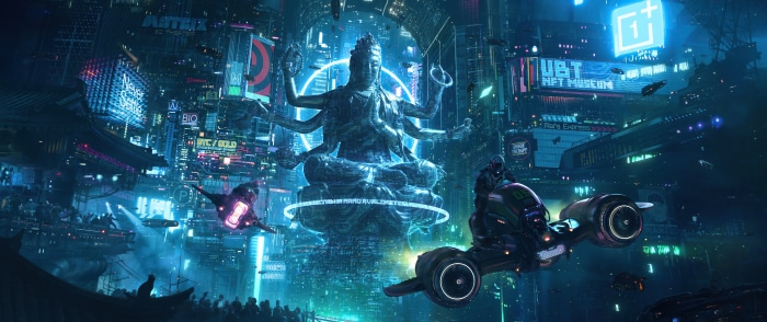 Cyberpunk Cityscape with Buddha Statue and Flying Vehicles