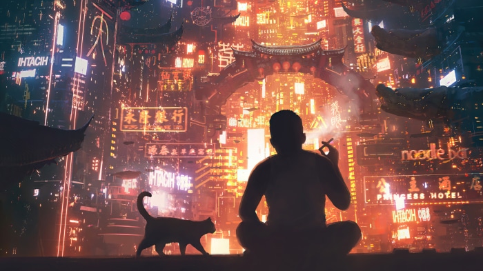 Man and cat in a futuristic neon city