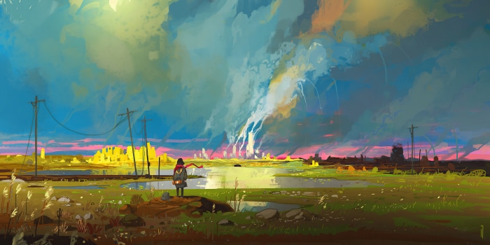 Digital art of a girl in a post-apocalyptic landscape