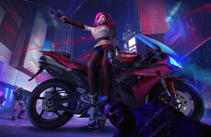 Harley Quinn on a motorcycle in a city at night