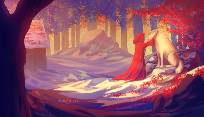 Little Red Riding Hood and wolf in a forest