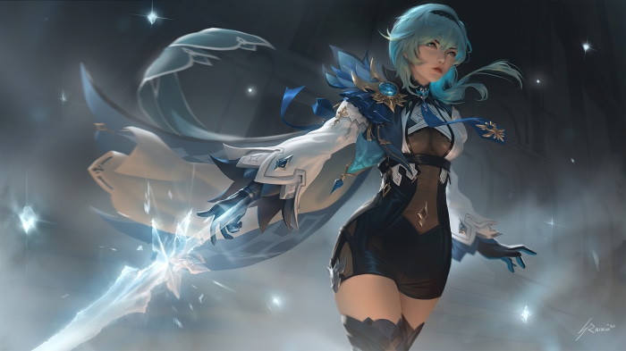 Eula from Genshin Impact with a sword