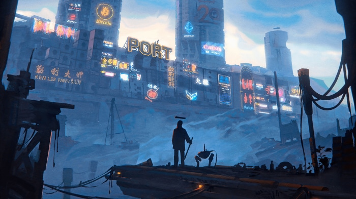 Cyberpunk Port City with Bitcoin and Ethereum Signs