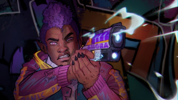 Cyberpunk character with purple hair aiming a futuristic gun