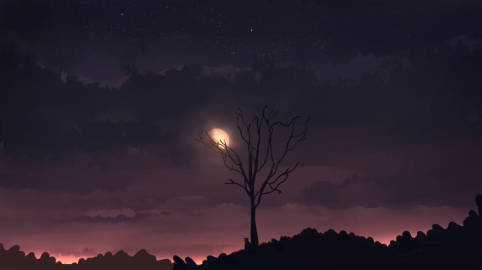 Digital art of a bare tree under the moon