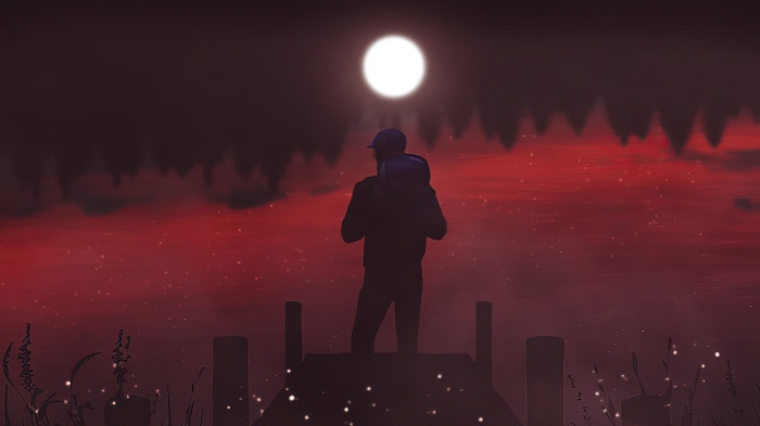 Man with backpack on pier under moon
