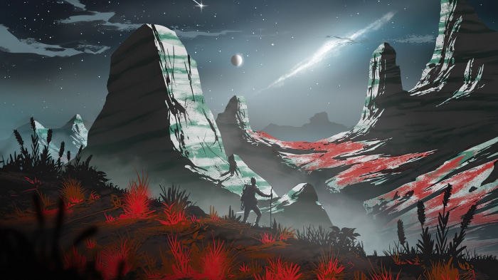 Alien Landscape with Hiker and Celestial Bodies