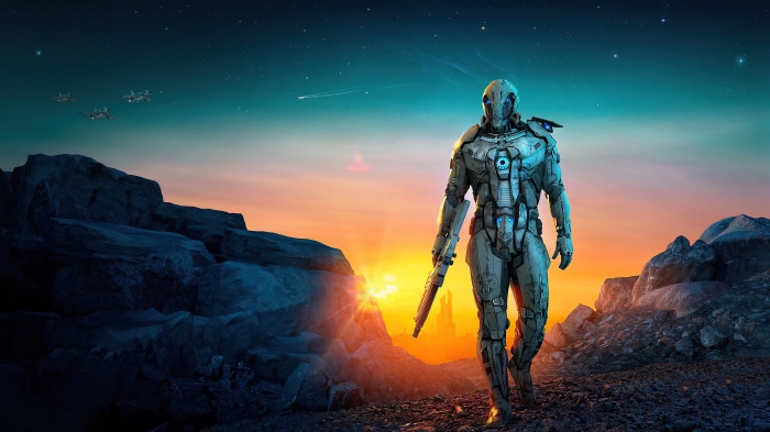 Robot soldier with rifle on alien planet at sunset