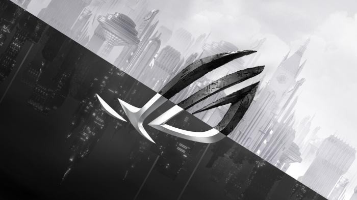 Republic of Gamers logo over futuristic city