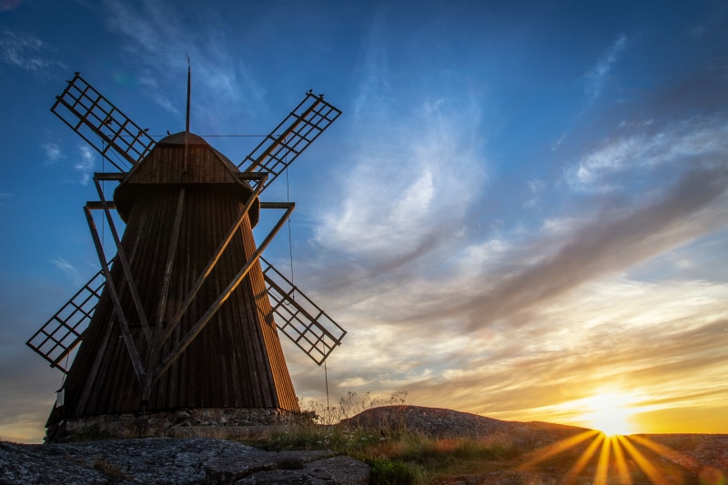 Wooden windmill at sunrise in Lysekil, Sweden