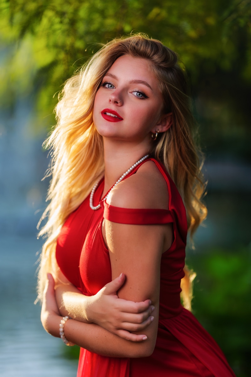 Hannah in a red dress