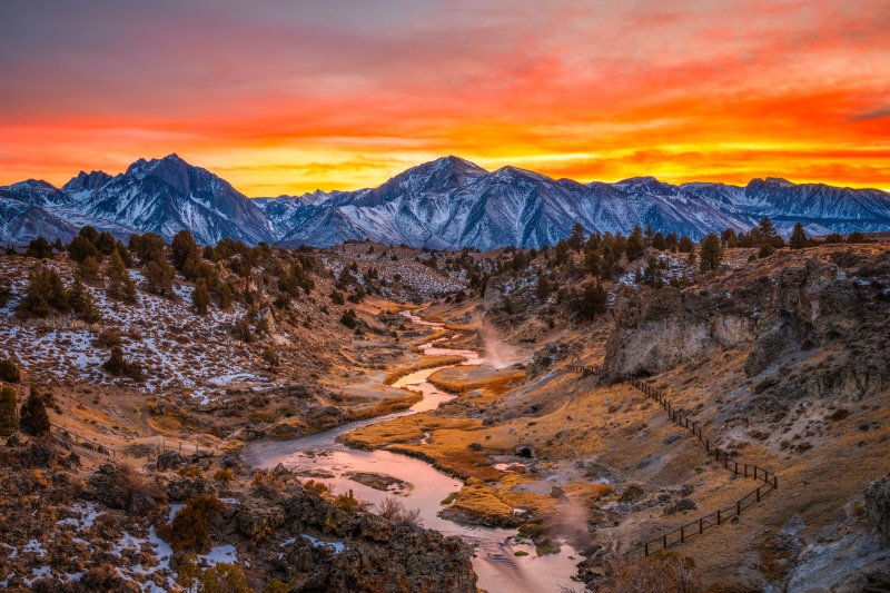 Mammoth Hot Springs Mountains River Sunrise Scenery