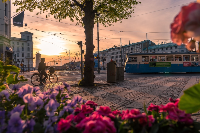 Gothenburg, Sweden Tram and Cyclist at Sunset