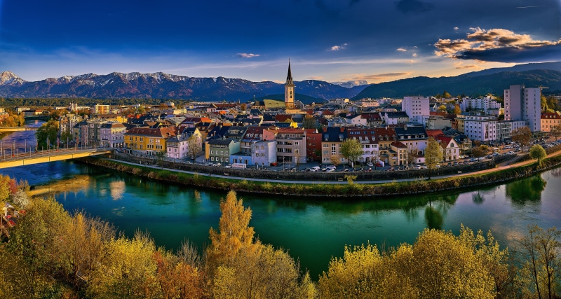 Panorama of a European City with Mountains and River