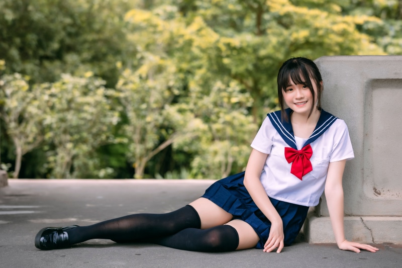 4k Asian Schoolgirls Sitting Uniform Knee Highs Legs Smile Hd