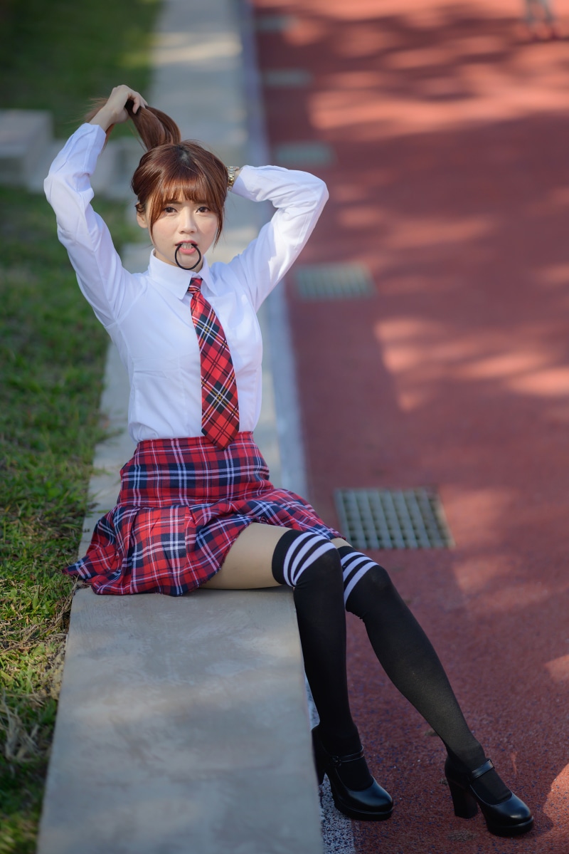 Asian Sitting Legs Knee highs Skirt Blouse Necktie