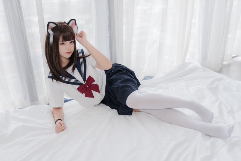 Asian Cosplay Bed Brunette girl Lying down Hands