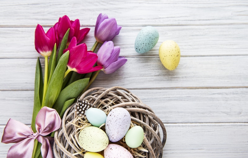 Easter Tulips and Eggs in Wicker Basket