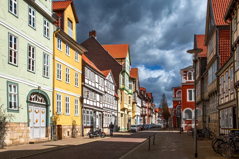 Street with colorful half-timbered houses in Germany