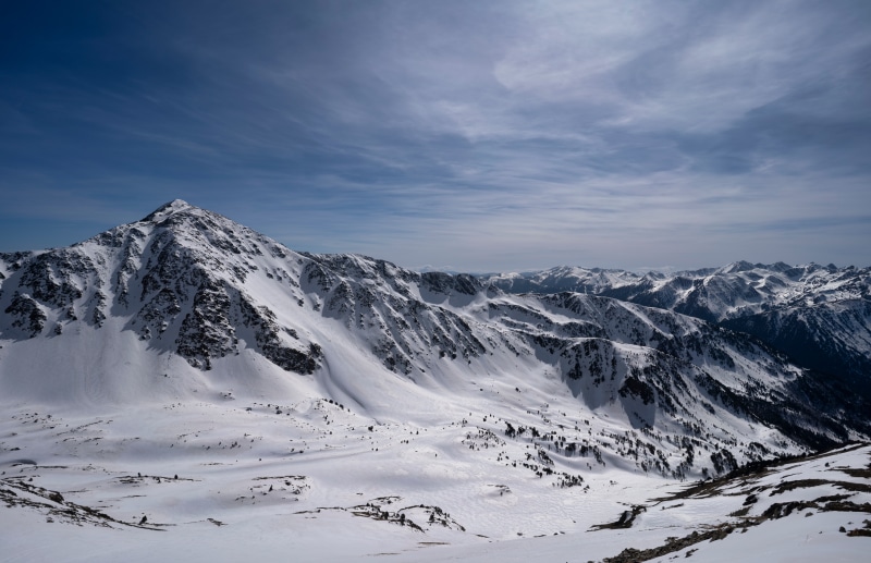 Snowy mountains in Sorteny Valley, Andorra