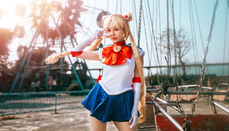 Sailor Moon Cosplayer Poses at Amusement Park
